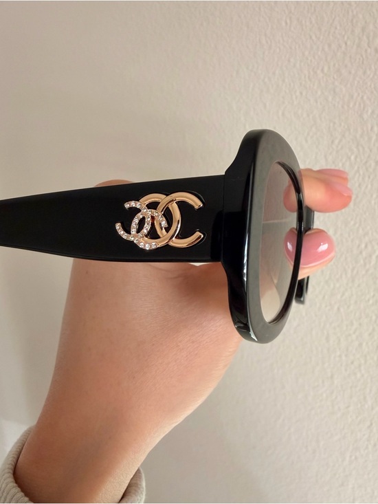 CHANEL Accessories - CHANEL Black Round Logo Sunglasses with Gold & Crystal CC Emblem